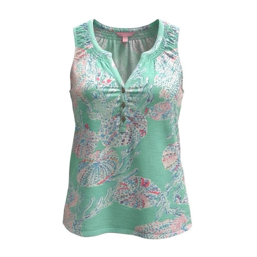 Lilly Pulitzer Essie Top Minty Fresh FanSea Sleeveless Buttons 100% Cotton Small